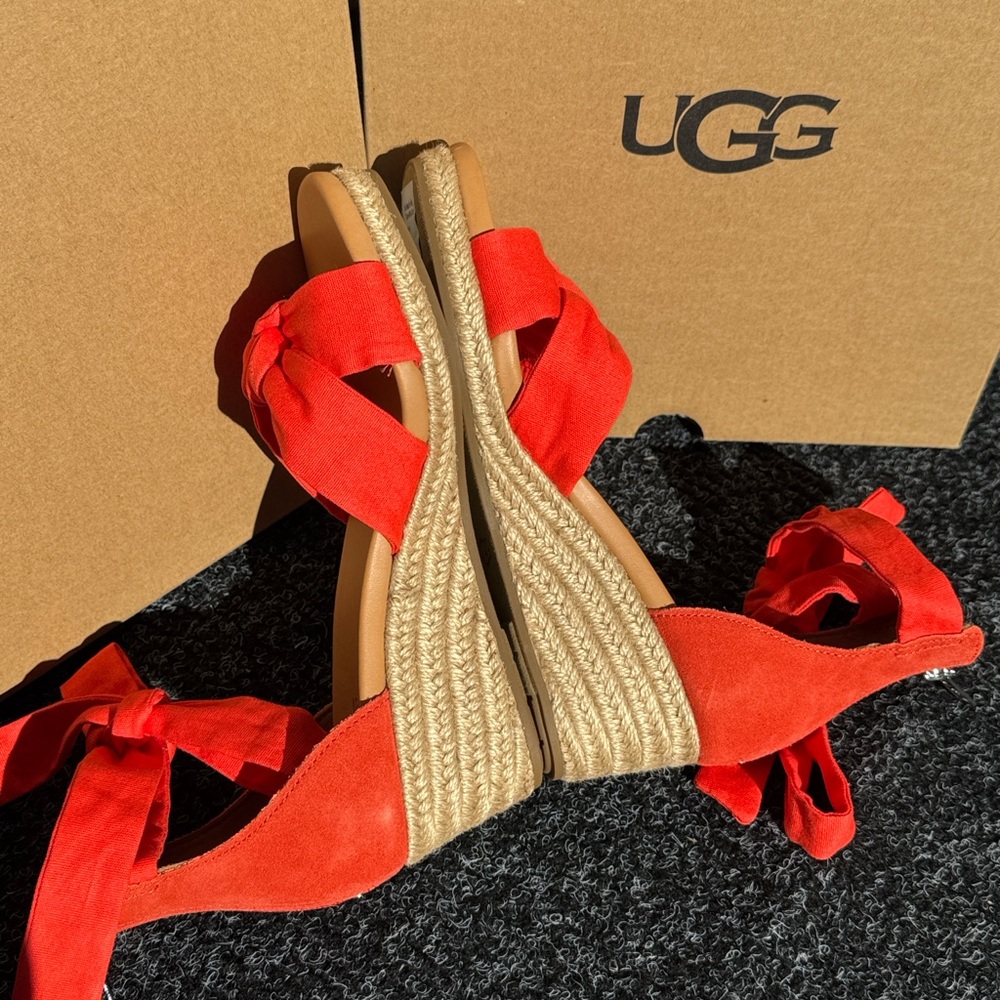 UGG Yarrow Espadrille Wedge Sandal Coral Suede Ankle Tie - Picture 11 of 14